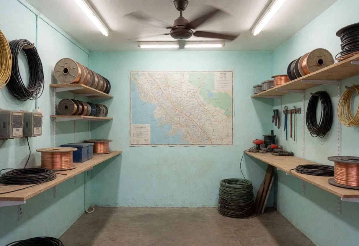 Vue d'un atelier électrique aux murs turquoise, étagères chargées de bobines de câbles et une carte accrochée au mur dans un espace de travail organisé.