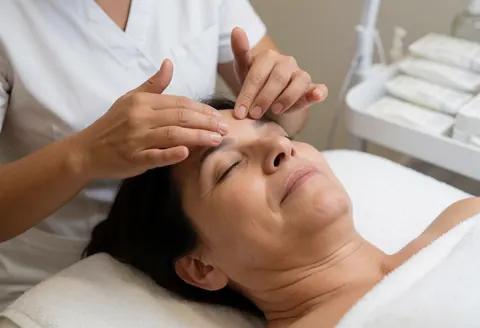 Une femme reçoit un massage facial dans une clinique d'esthétique, tandis qu'une thérapeute applique une pression douce sur son front.
