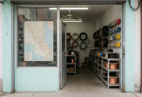 Intérieur d'un magasin d'électricité montrant des étagères remplies de bobines de câbles et des cartes murales, ainsi que des outils et du matériel électrique.
