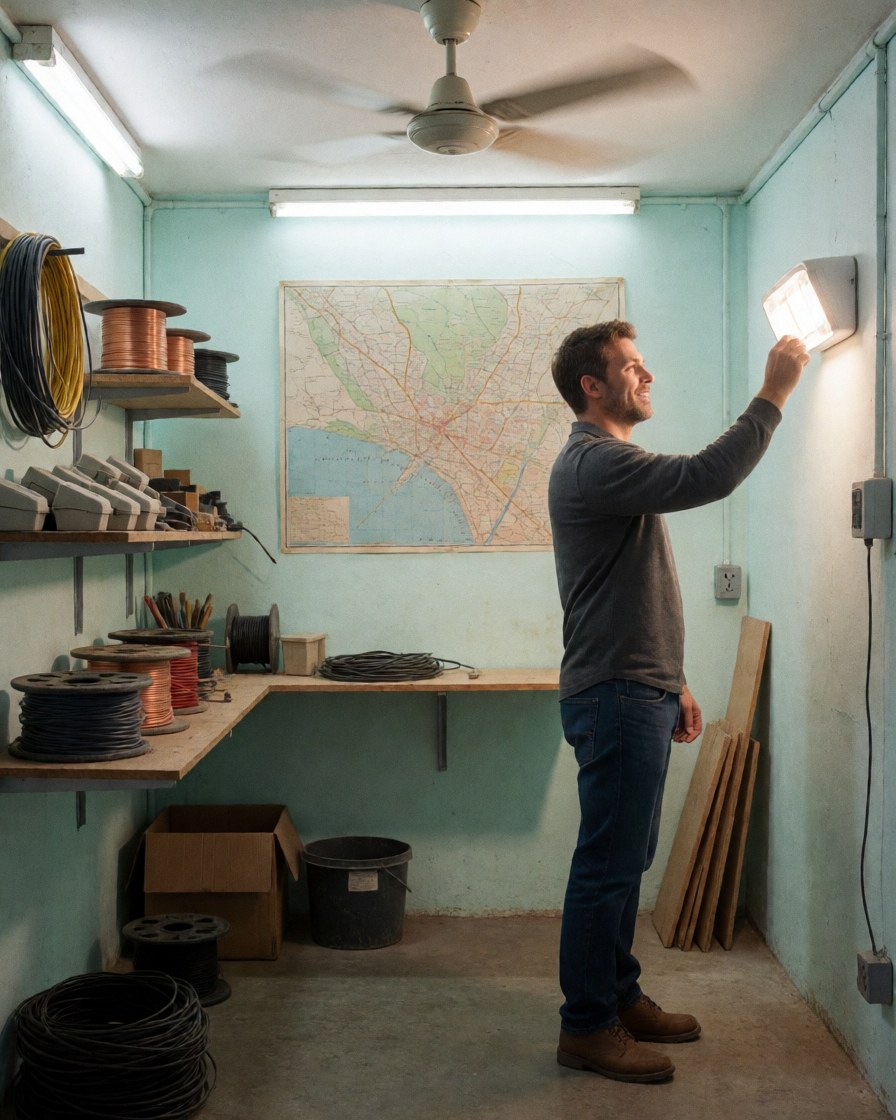 Un électricien examine un nouveau luminaire dans son atelier, entouré de rouleaux de câbles et d'une carte murale.