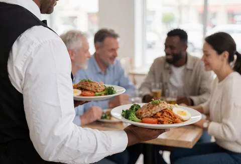 Un serveur présente des assiettes de repas à des clients assis à une table dans un restaurant.