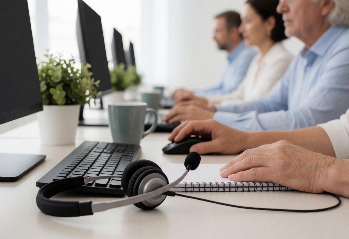 Agents du service client travaillant dans un bureau avec des ordinateurs, des casques et des tasses de café.