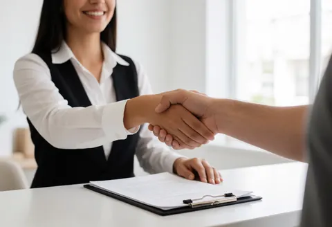 Une femme sourit en serrant la main d'un client qui vient de signer un document sur un bureau de réception.