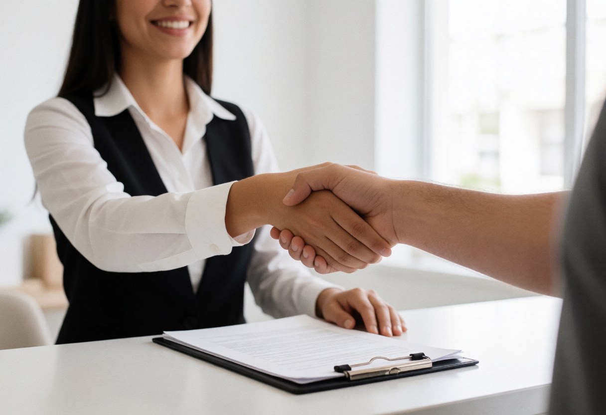 Une femme sourit en serrant la main d'un client qui vient de signer un document sur un bureau de réception.