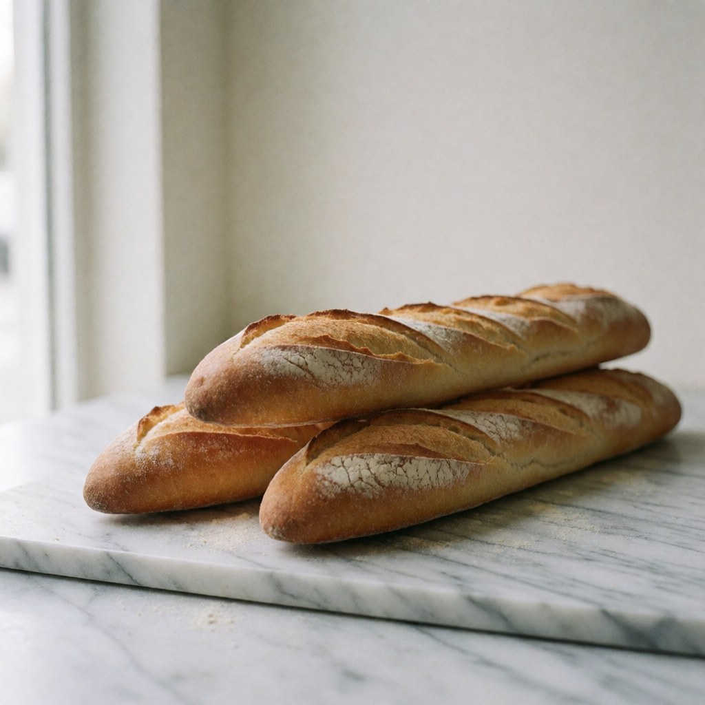 Trois baguettes de pain croustillant reposent sur une surface en marbre blanc veiné de gris, éclairage naturel.