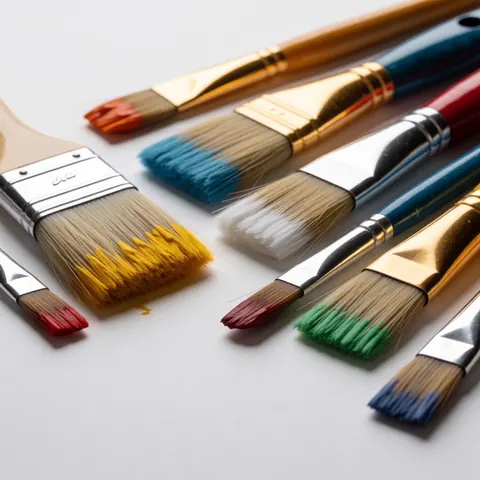 Plusieurs pinceaux de peinture aux poils multicolores disposés sur une surface blanche unie, vue rapprochée.