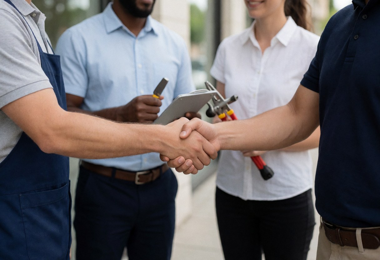 Un technicien en tablier et un client signent un document pendant que d'autres professionnels observent avec des outils.