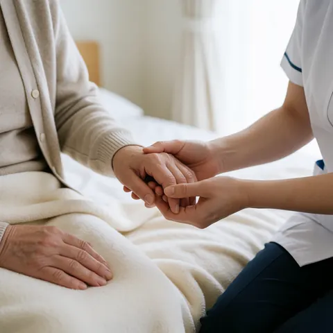Une femme âgée alitée reçoit un soutien émotionnel et physique de la part d'une infirmière qui lui tient la main avec empathie dans un environnement clinique.