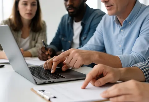 Groupe de personnes travaillant ensemble lors d'une réunion de bureau avec ordinateur et documents.