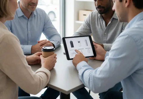 Quatre personnes en réunion examinent des produits sur une tablette, l'une tenant une tasse de café.