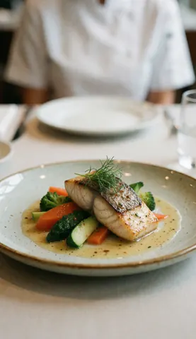 Assiette de poisson grillé accompagné de légumes et sauce, présentée dans un cadre de restaurant.