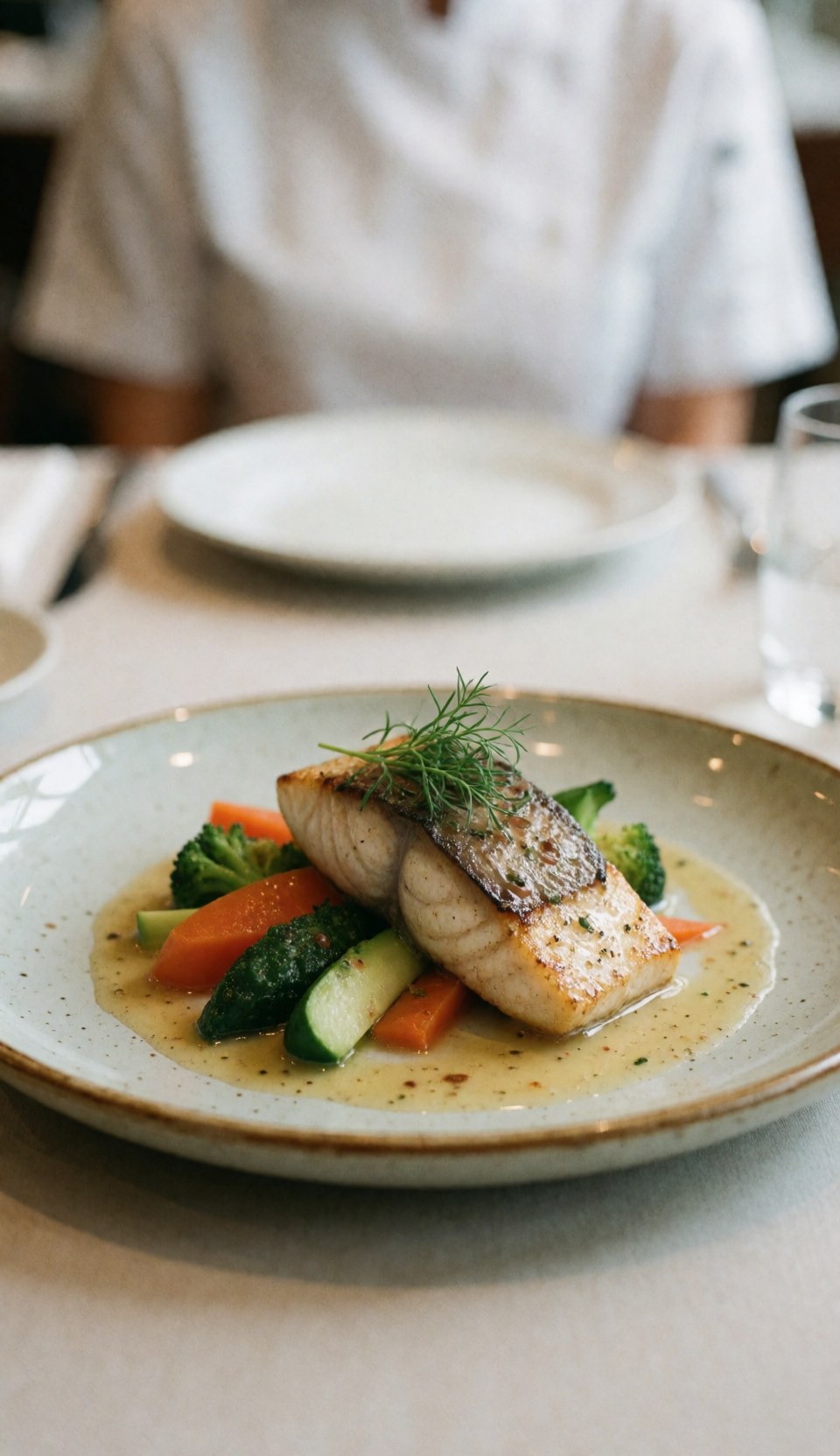 Assiette de poisson grillé accompagné de légumes et sauce, présentée dans un cadre de restaurant.
