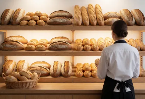 Une femme portant un tablier noir examine des pains disposés sur des étagères en bois dans une boulangerie.