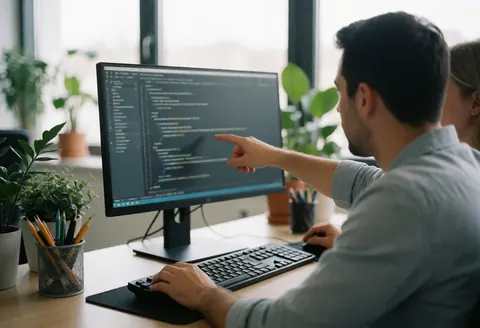 Deux personnes travaillant sur un ordinateur affichant du code, dans un bureau lumineux avec des plantes.