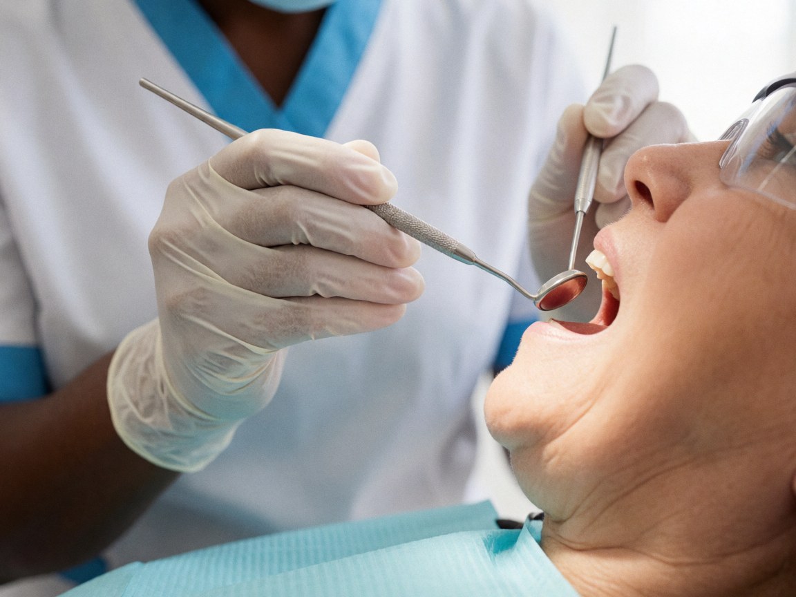 Un dentiste en blouse blanche examine la cavité buccale d'un patient à l'aide d'instruments professionnels dans un cabinet dentaire.