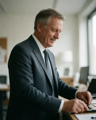 Un homme d'affaires mature en costume et cravate examine des papiers posés sur son bureau dans un environnement de travail professionnel.