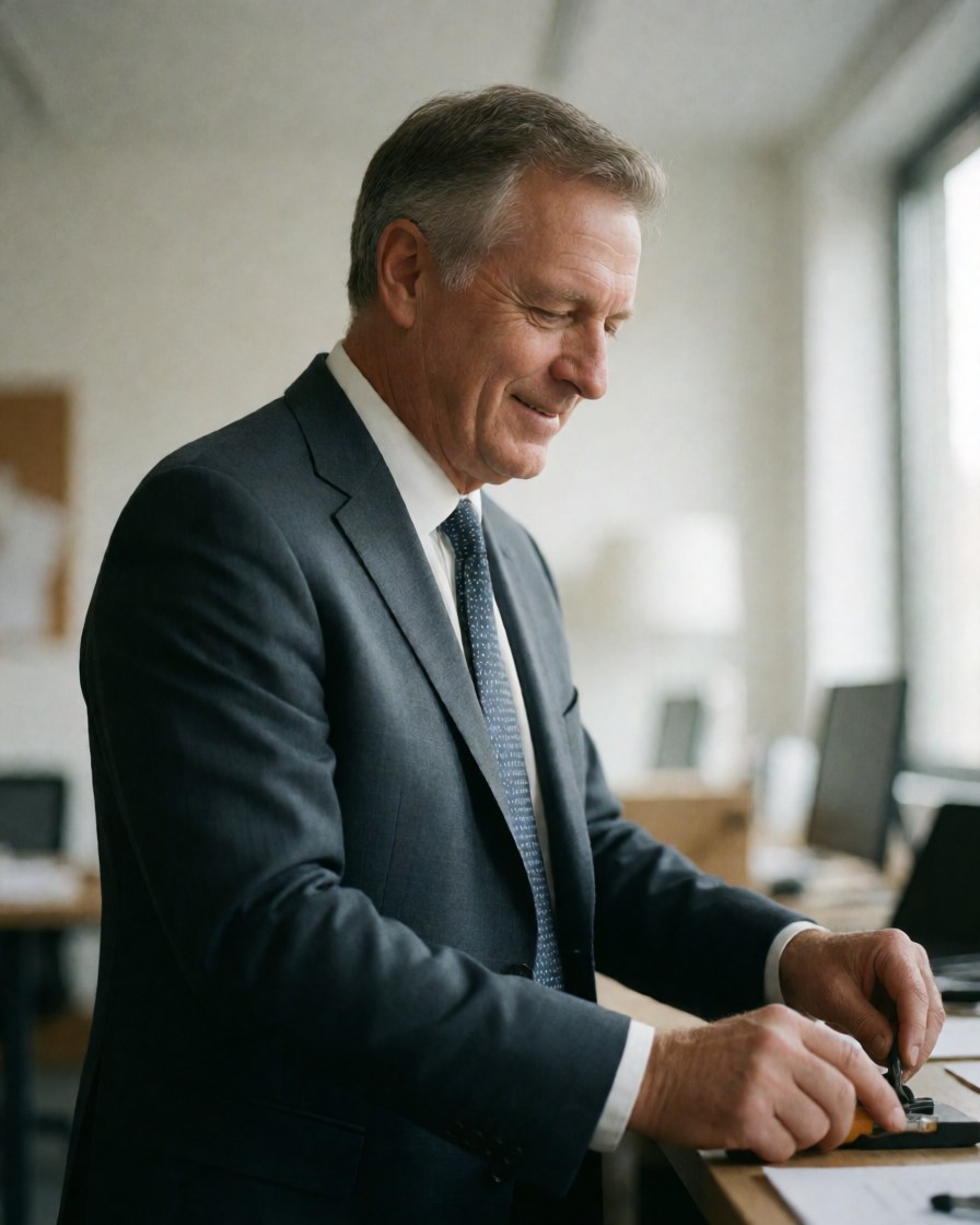 Un homme d'affaires mature en costume et cravate examine des papiers posés sur son bureau dans un environnement de travail professionnel.