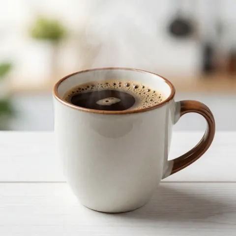Une tasse en céramique contenant du café fumant posée sur une surface en bois blanc, vue rapprochée sans personnes.