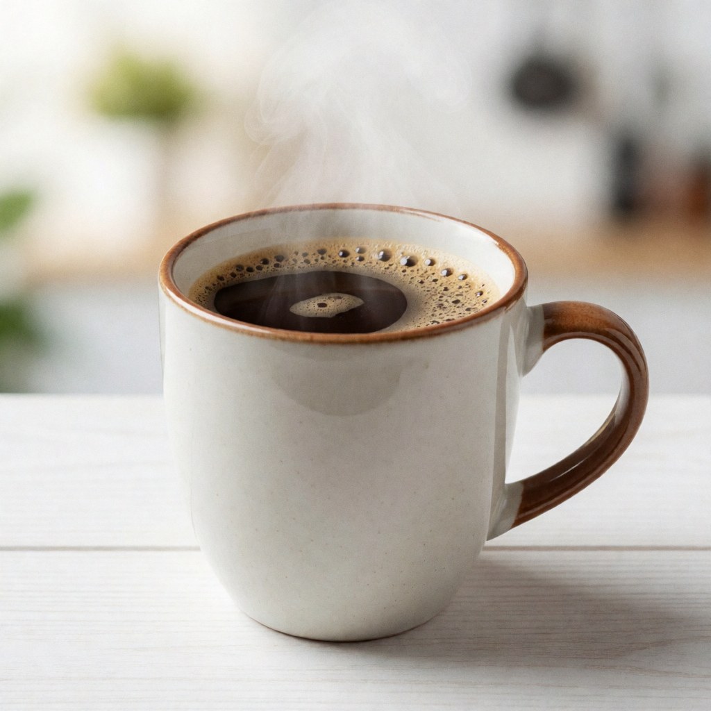 Une tasse en céramique contenant du café fumant posée sur une surface en bois blanc, vue rapprochée sans personnes.