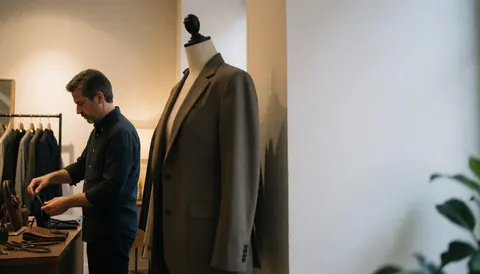 Un homme adulte organise des accessoires sur une table dans une boutique, avec un mannequin portant un costume en arrière-plan.