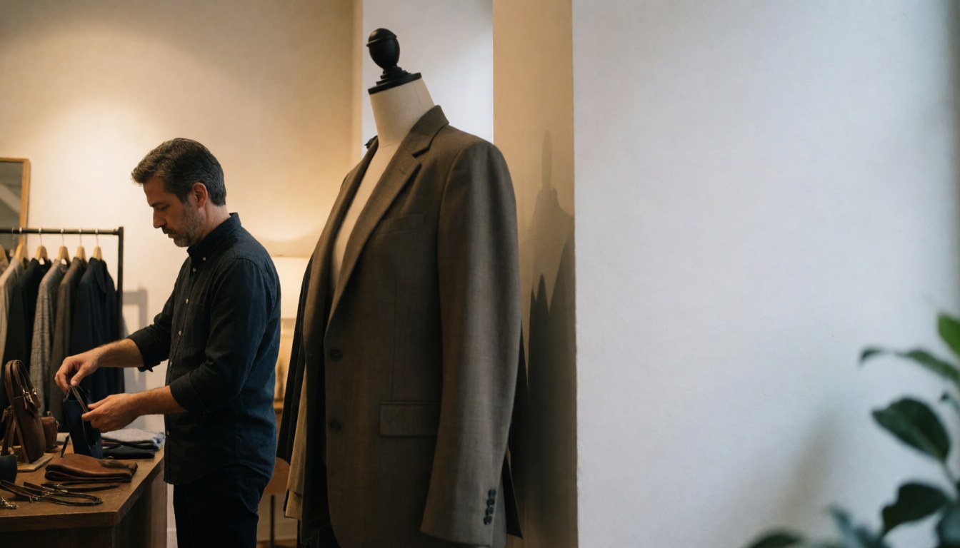 Un homme adulte organise des accessoires sur une table dans une boutique, avec un mannequin portant un costume en arrière-plan.