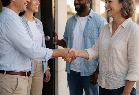 Deux personnes se saluent avec un sourire à l'entrée d'un bureau, symbolisant un accueil chaleureux et une collaboration positive en milieu de travail.