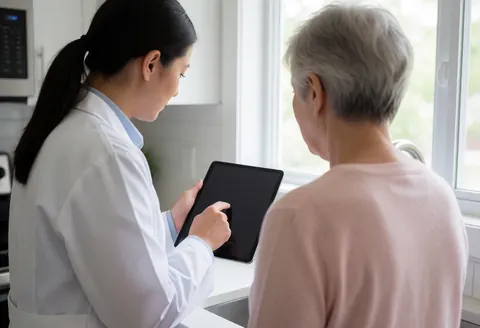 Une femme en blouse blanche examine des données sur une tablette numérique lors d'une visite à domicile.