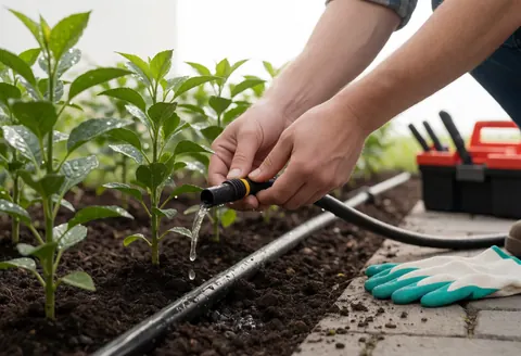 Gros plan d'une main connectant un tuyau d'arrosage dans un jardin pour irriguer de jeunes plants verts sur le sol.