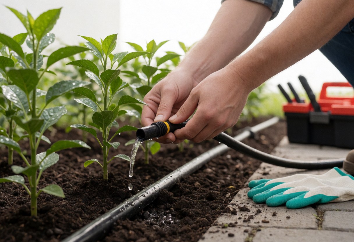 Gros plan d'une main connectant un tuyau d'arrosage dans un jardin pour irriguer de jeunes plants verts sur le sol.