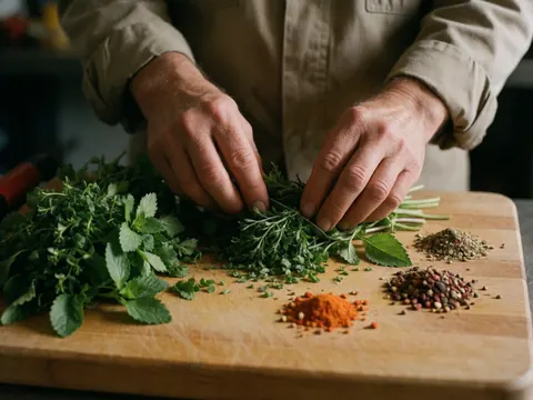 Des mains hachent finement des herbes vertes sur une planche à découper en bois, entourées d'épices sèches pour la préparation culinaire.