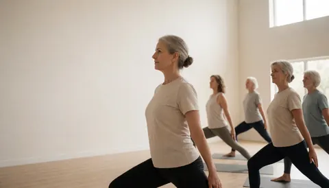 Groupe de femmes seniors effectuant une posture de yoga dans une salle lumineuse aux murs blancs et au sol en bois, évoquant calme et bien-être.