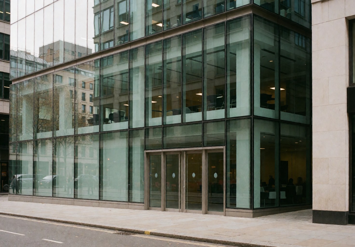 Façade moderne d'un immeuble de bureaux avec de grandes baies vitrées et des portes d'entrée sur une rue londonienne.