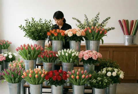 Une jeune fleuriste concentrée dispose des tulipes et des roses fraîches dans des seaux métalliques sur une table en bois.