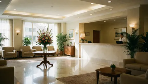 Vue de la réception d'un hôtel comprenant des tables, des plantes et une réceptionniste travaillant sur un ordinateur.