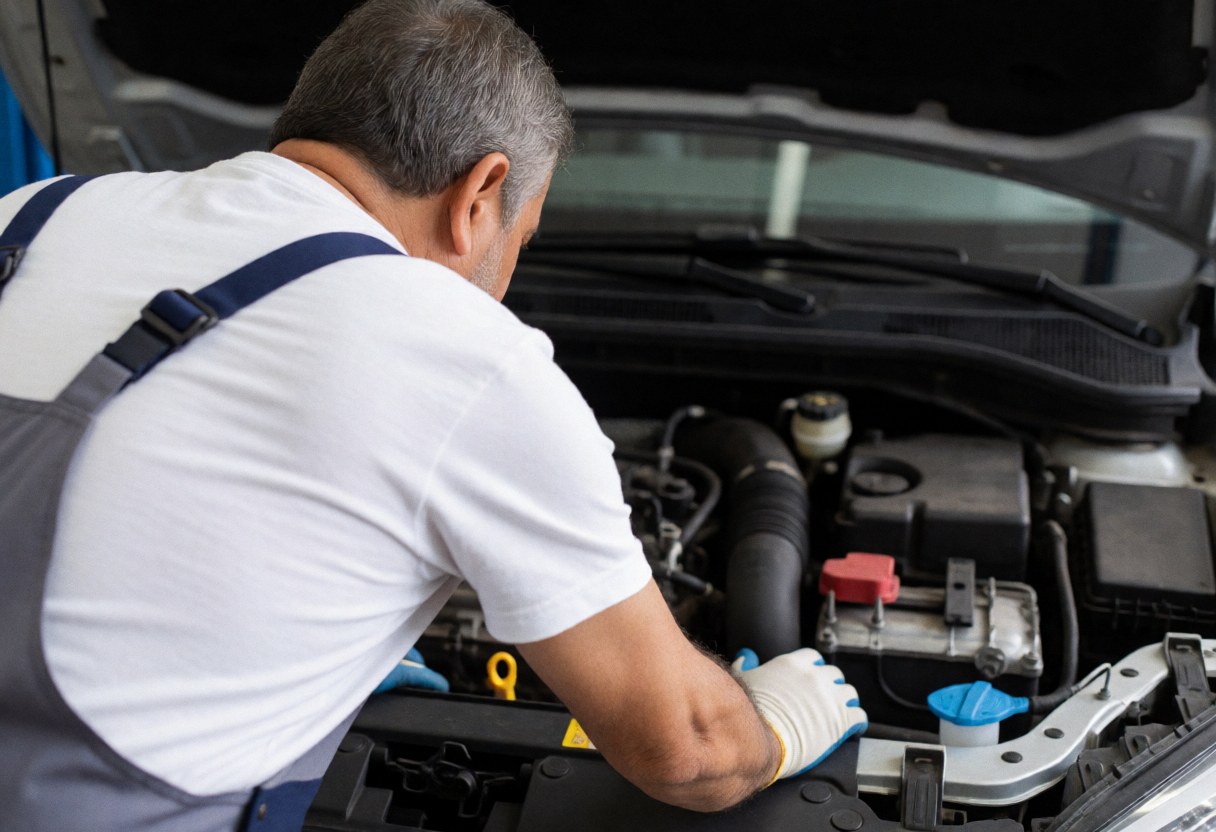 Un mécanicien adulte portant des gants blancs examine attentivement le moteur d'une voiture dont le capot est ouvert.