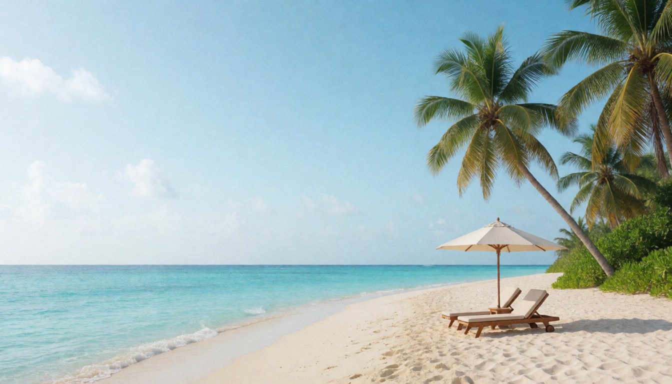 Plage de sable blanc avec des hamacs sous un parasol, des palmiers et une mer turquoise sous un ciel bleu clair.