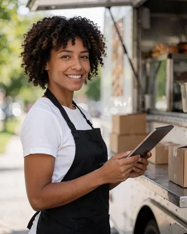 Une femme souriante portant un tablier noir tient une tablette à la fenêtre d'un food truck.