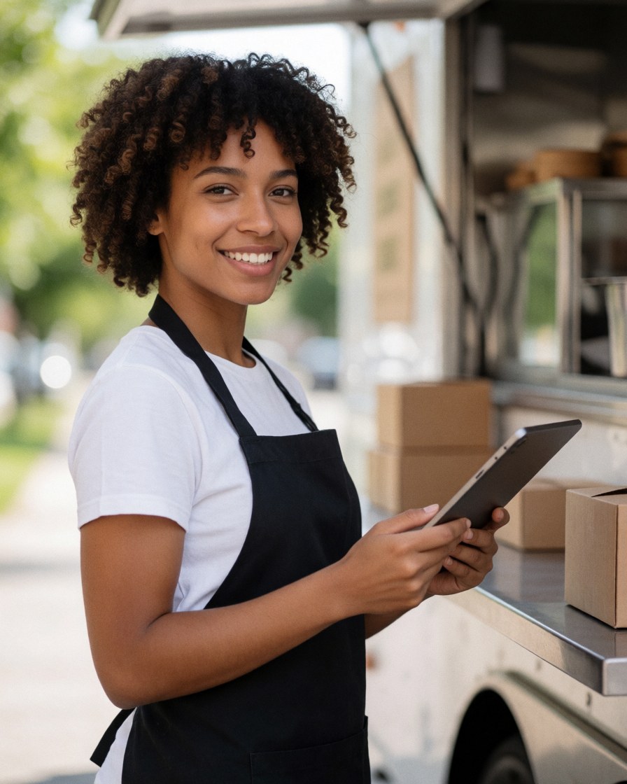 Une femme souriante portant un tablier noir tient une tablette à la fenêtre d'un food truck.