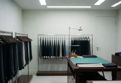 Vue intérieure d'une boutique de mode avec des cintres pour jeans et une table de coupe recouverte de tissu sur fond blanc.