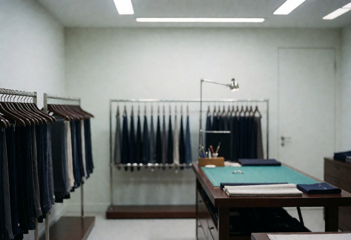 Vue intérieure d'une boutique de mode avec des cintres pour jeans et une table de coupe recouverte de tissu sur fond blanc.