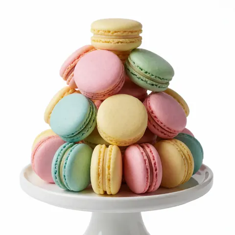 Tour de macarons français aux couleurs pastel posée sur un piédestal blanc, idéale pour une pâtisserie ou des événements.
