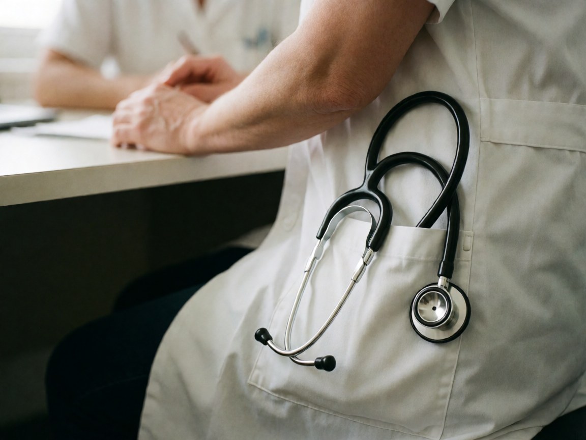 Médecin homme adulte portant une blouse blanche et un stéthoscope, assis dans un bureau médical.
