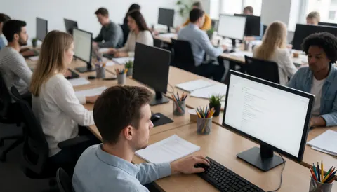 Plusieurs employés travaillent sur des ordinateurs dans un espace de travail ouvert avec de longues tables et des chaises noires.