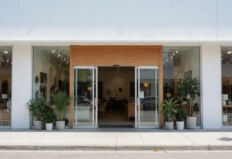 Façade d'un magasin de meubles contemporain présentant des portes vitrées, des plantes décoratives et des meubles visibles à l'intérieur de l'espace commercial.