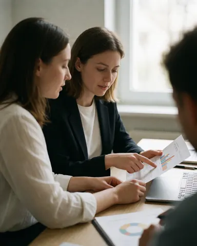 Vue de trois adultes examinant ensemble des données sur un ordinateur portable et des documents imprimés dans un bureau lumineux.