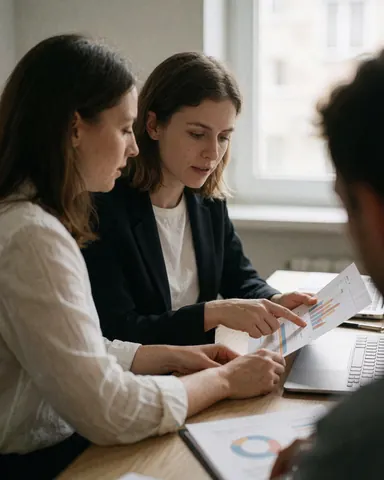 Vue de trois adultes examinant ensemble des données sur un ordinateur portable et des documents imprimés dans un bureau lumineux.