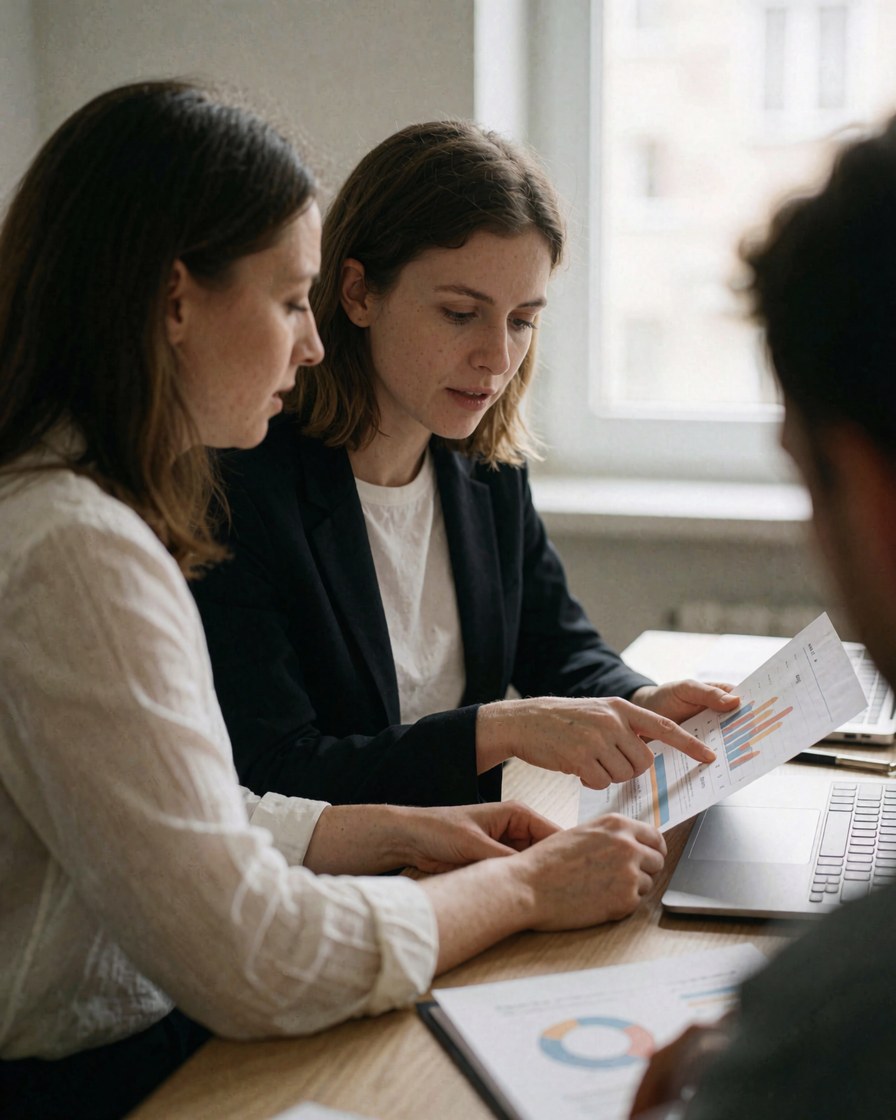 Vue de trois adultes examinant ensemble des données sur un ordinateur portable et des documents imprimés dans un bureau lumineux.