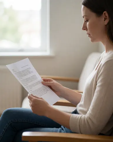 Une jeune femme est assise sur une chaise en bois, concentrée sur la lecture d'un document dans une pièce intérieure baignée de lumière naturelle.