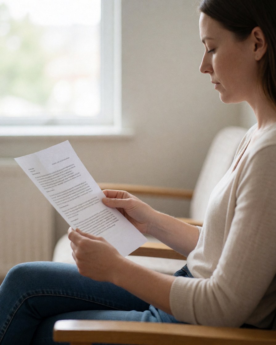 Une jeune femme est assise sur une chaise en bois, concentrée sur la lecture d'un document dans une pièce intérieure baignée de lumière naturelle.