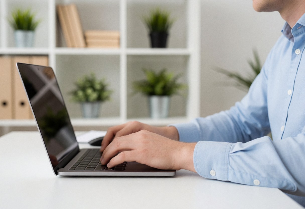 Un homme adulte portant une chemise bleue travaille sur un ordinateur portable placé sur une table blanche dans un bureau moderne avec étagères et plantes.